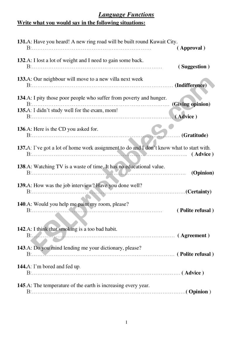 Language Functions worksheet