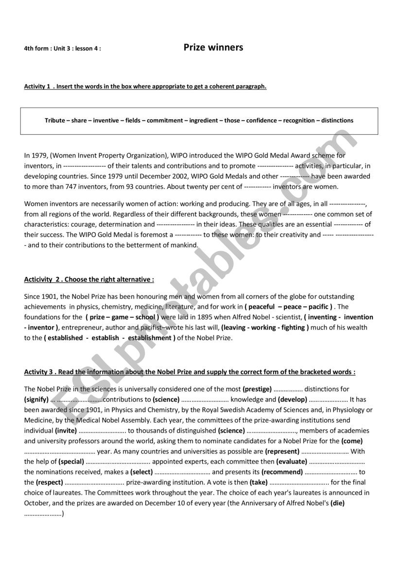 prize winners bac tunisia worksheet