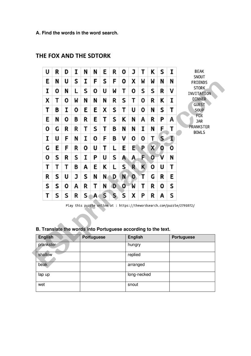 The Fox and the Crow Word Search