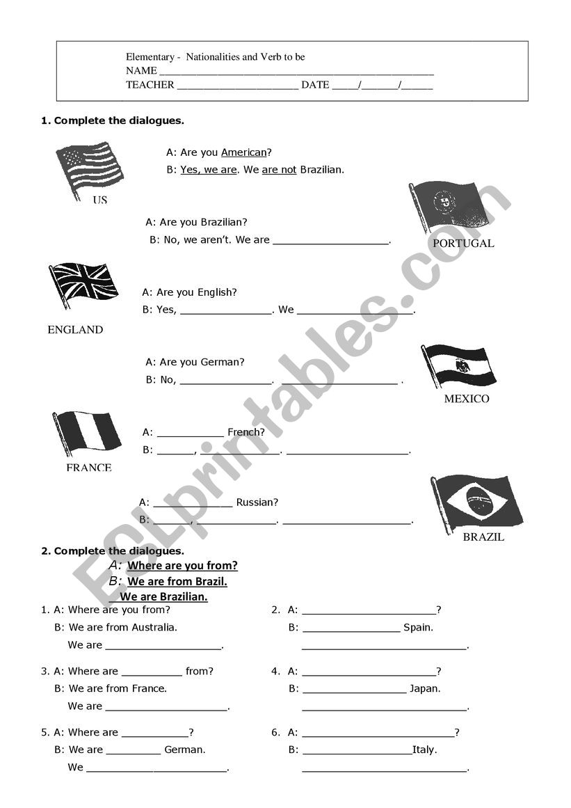 Nationalities and Verb to Be worksheet