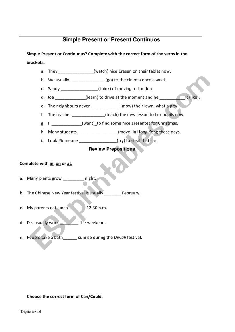 Present Simple or Continuous worksheet