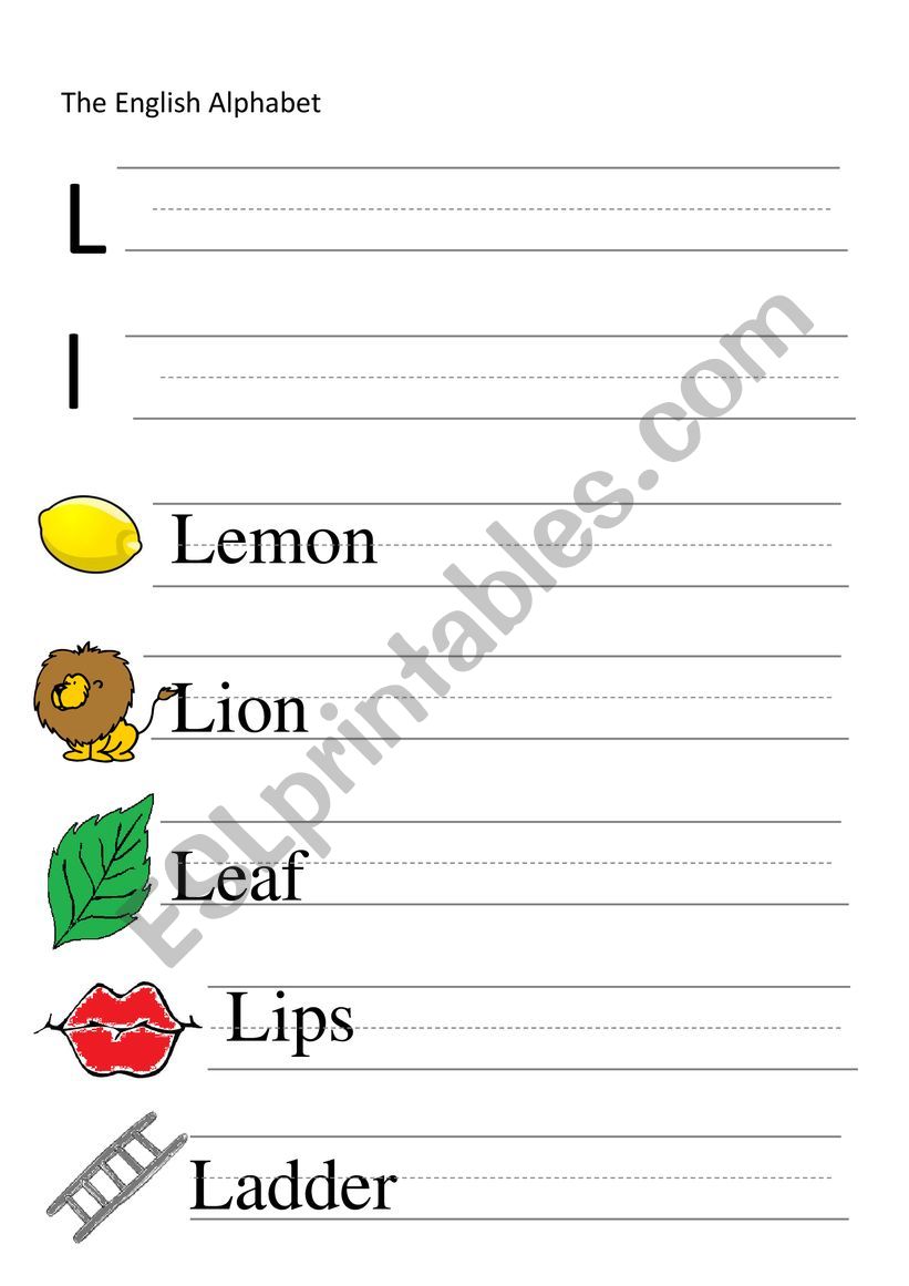 L-letter and words writing worksheet