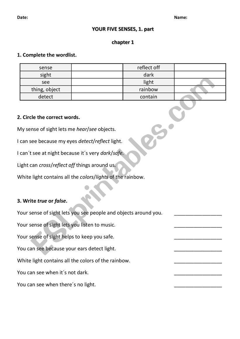 YOUR FIVE SENSES, 1. part worksheet