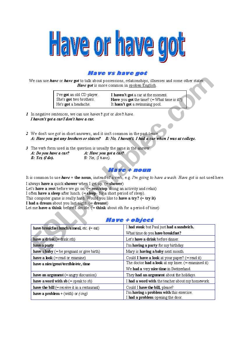 Have or have got worksheet