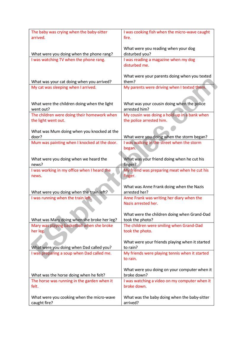 the past continuous dominos worksheet