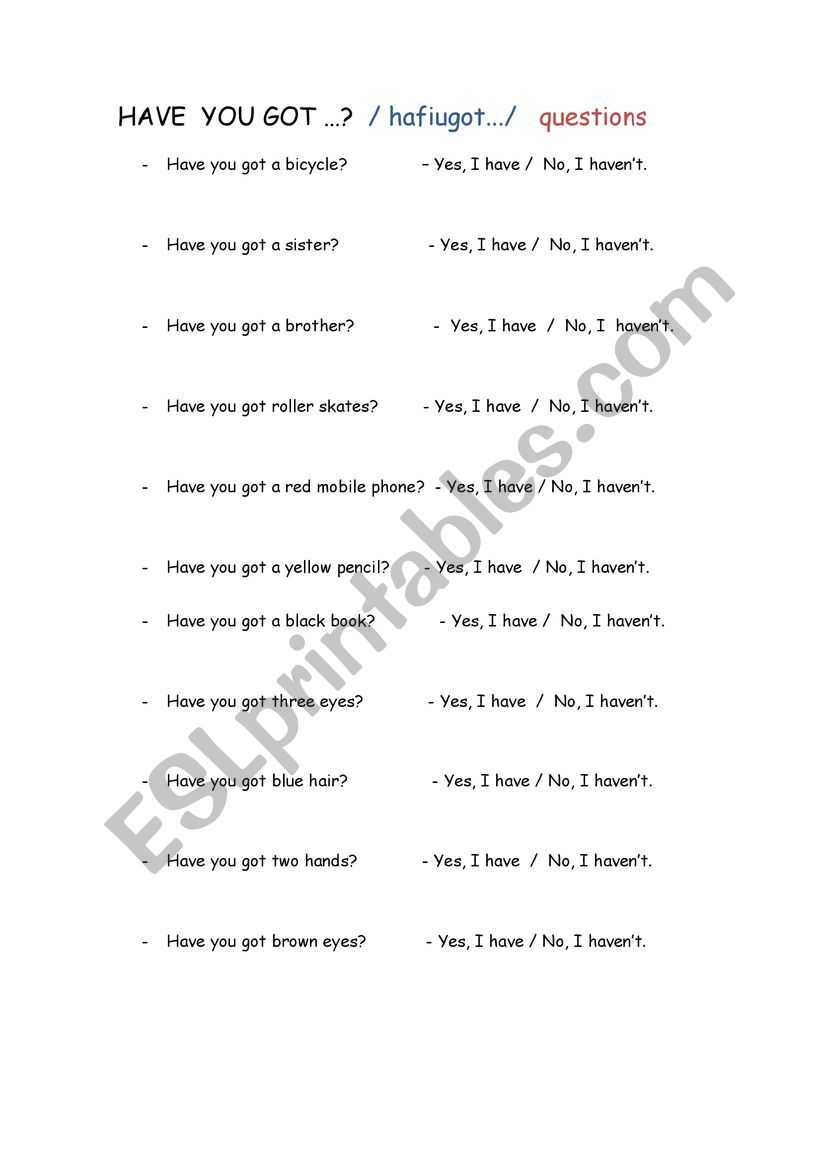 have you got? worksheet