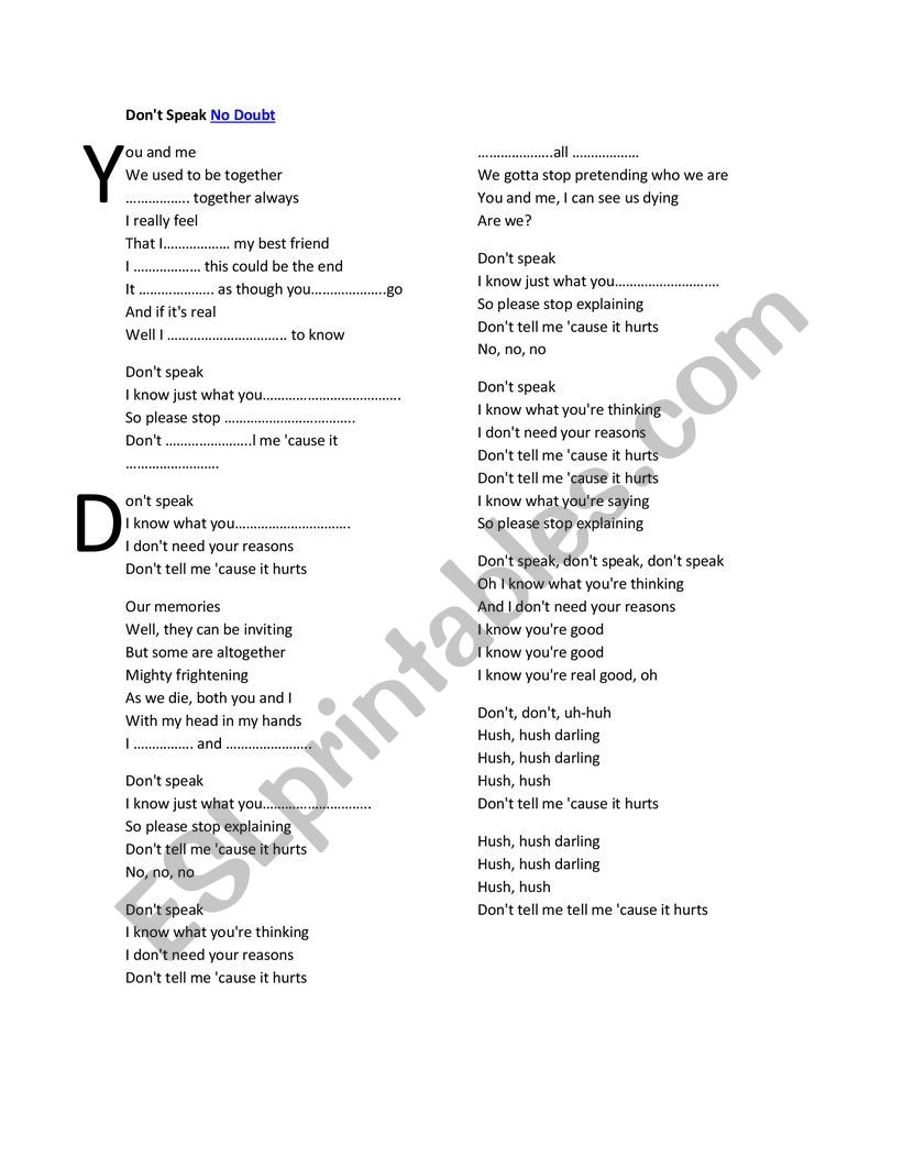 Dont Speak - Song worksheet