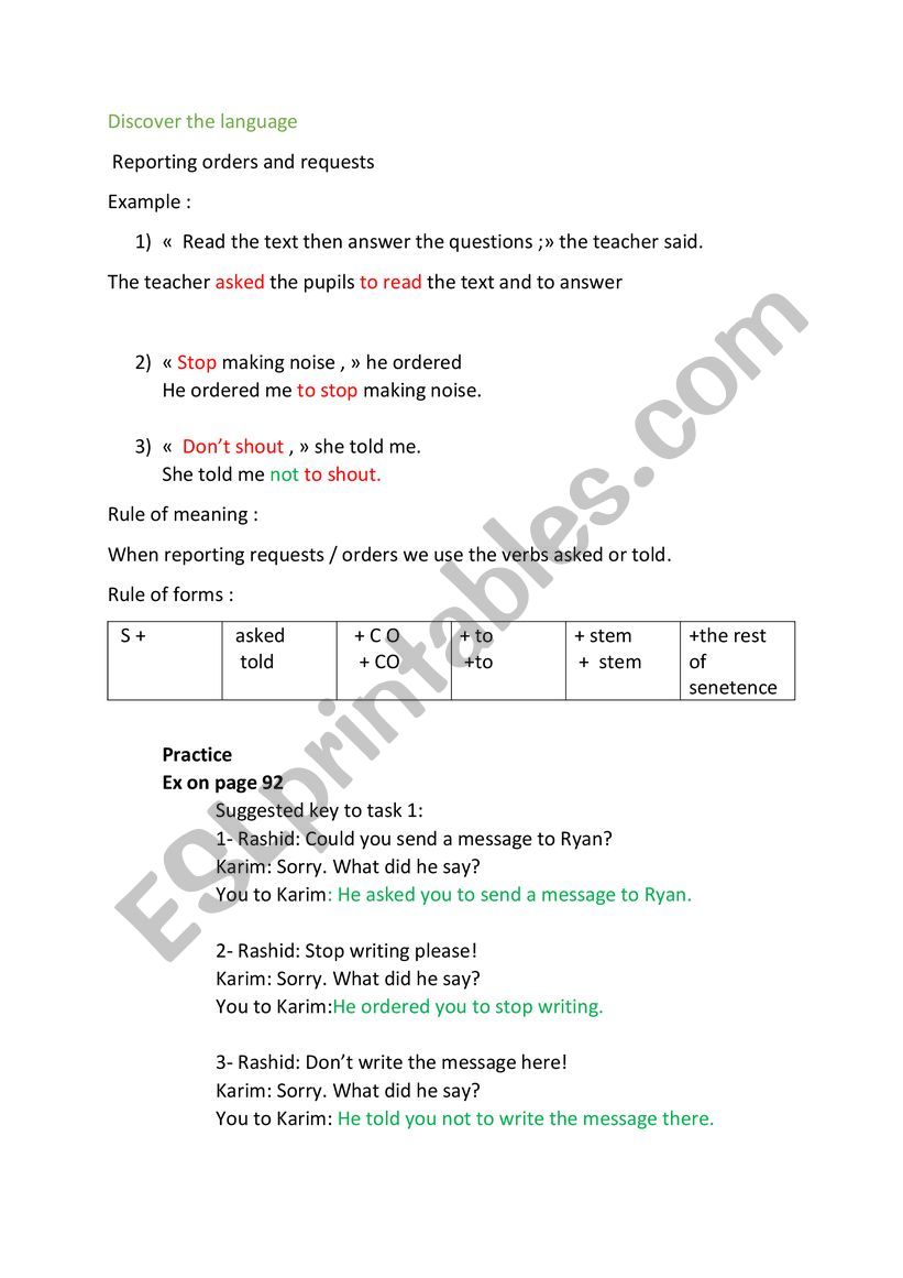 reporting orders worksheet