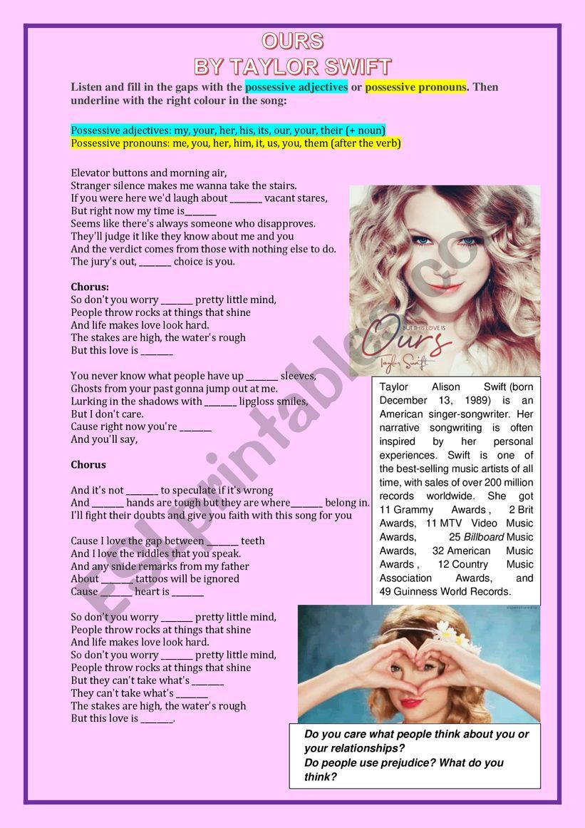 Song Ours by Taylor Swift (Possessive Adjs and Pronouns)