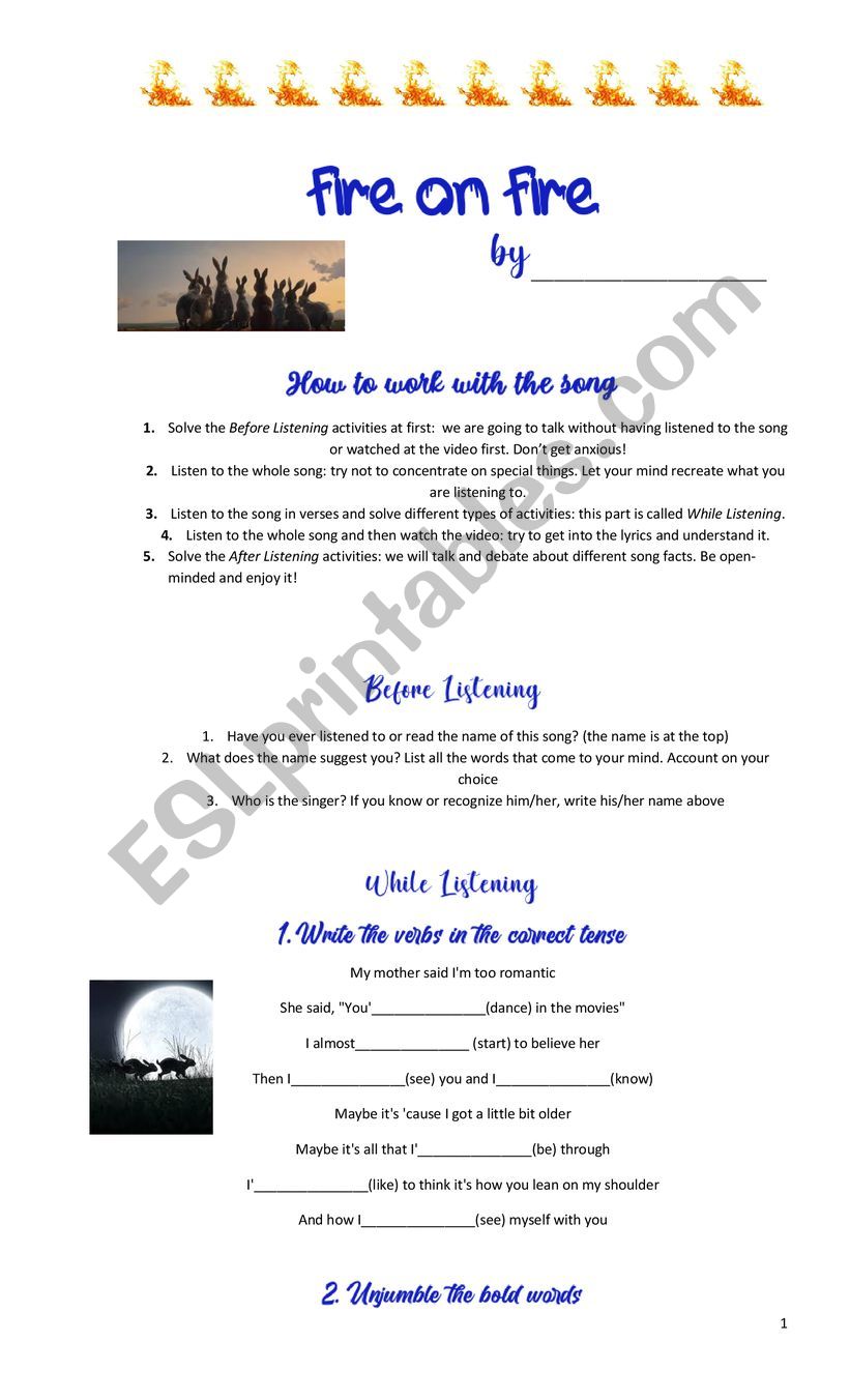 Fire on Fire by Sam Smith worksheet
