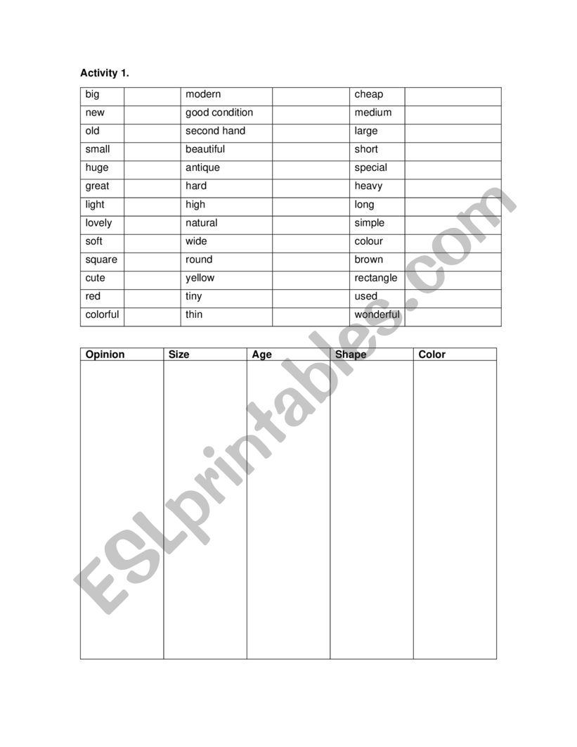 Classify the adjectives worksheet