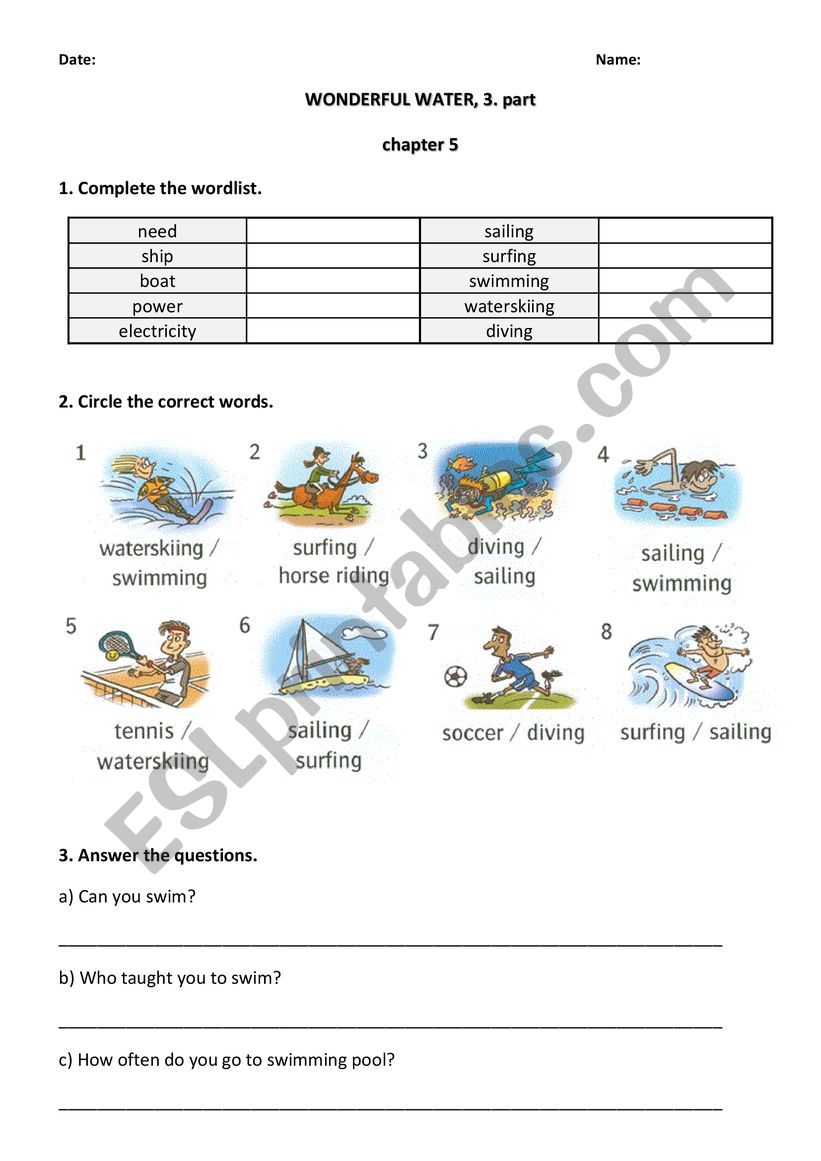 WONDERFUL WATER, 3. part worksheet