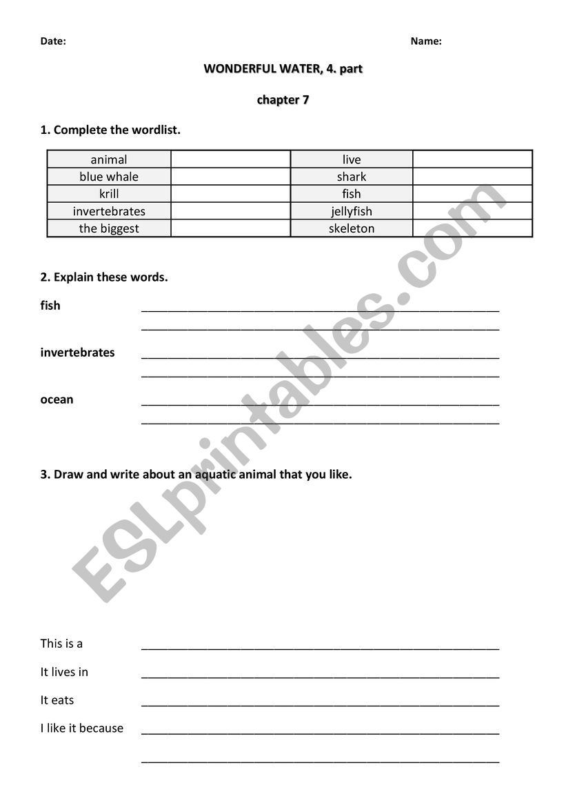 WONDERFUL WATER, 4. part worksheet