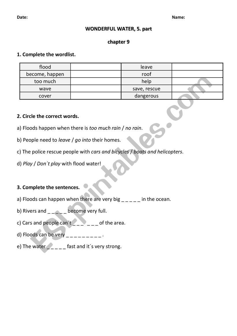 WONDERFUL WATER, 5. part worksheet