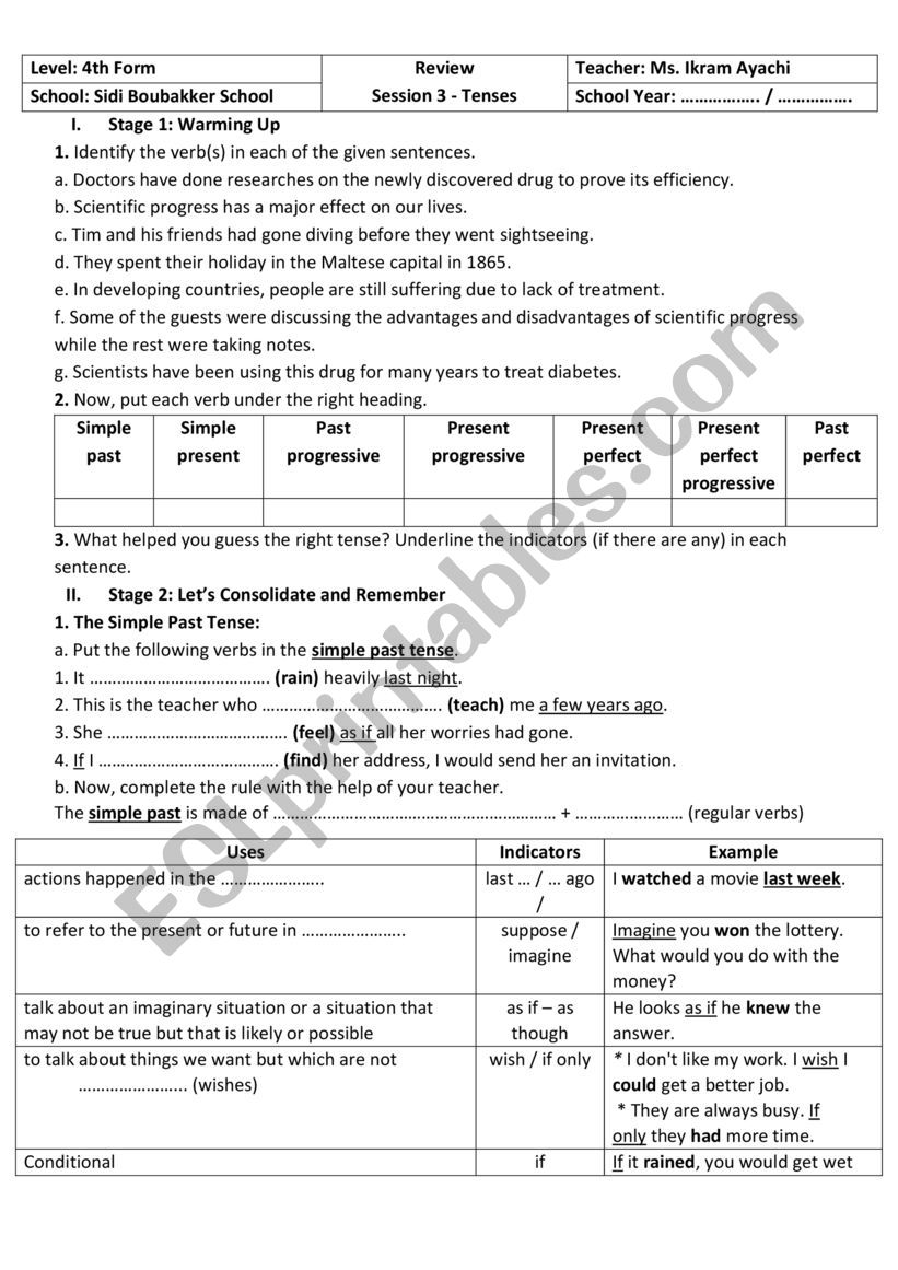 4th Form - Review - Tenses worksheet