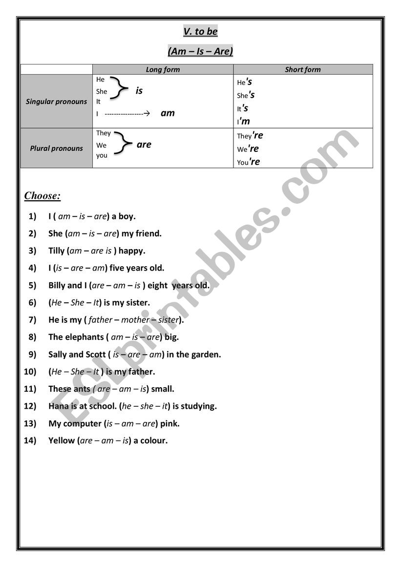 verb to be worksheet