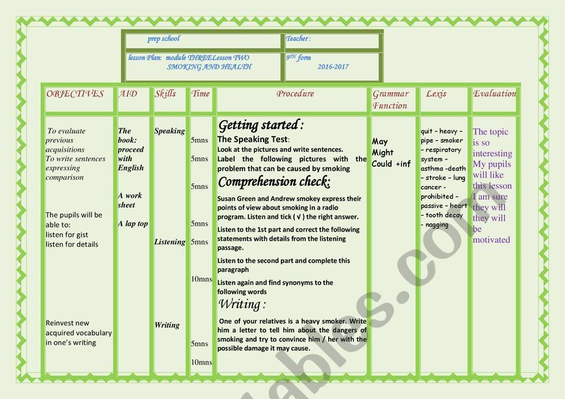 lesson plan smoking and health