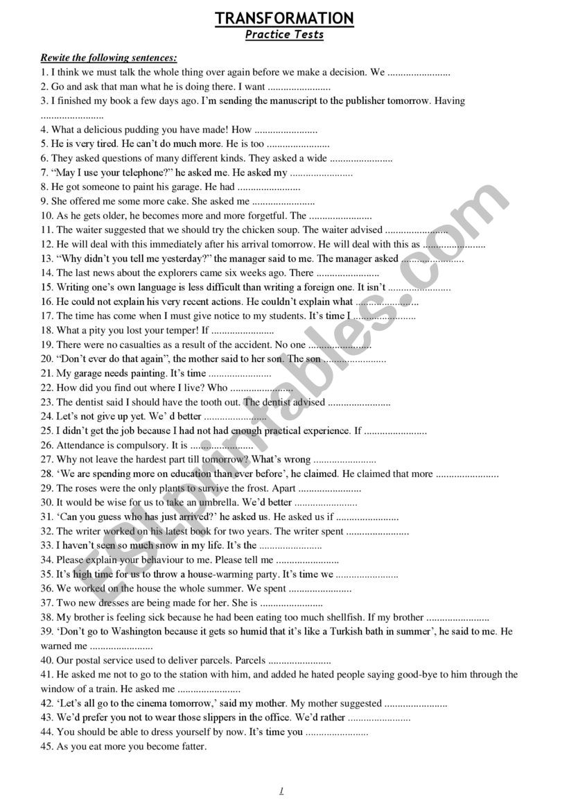 TRANSFORMATION worksheet