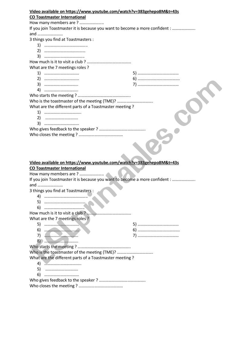 Worksheet on Toastmasters club - practice speaking 