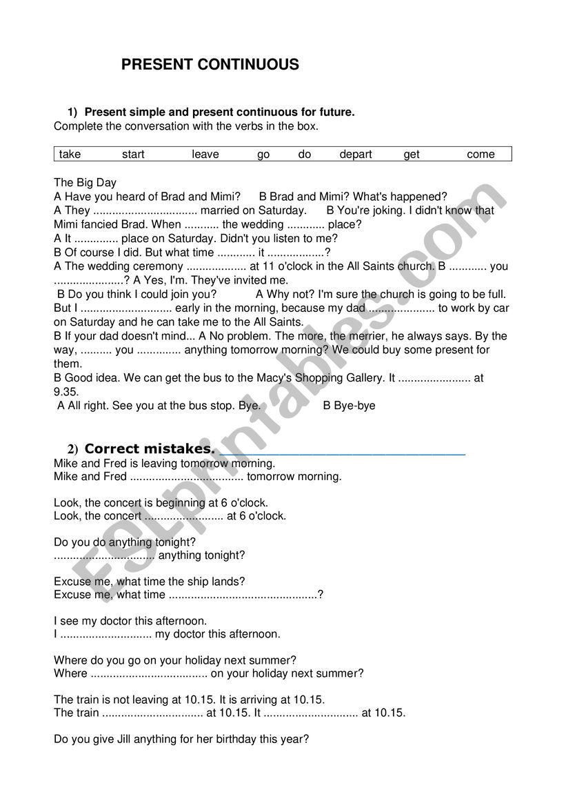 Present continuous exercises worksheet