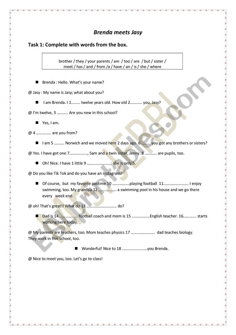 Brenda meets Jasy worksheet