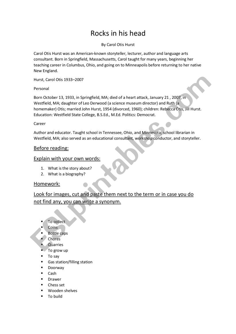 Rocks in his head part 1 worksheet