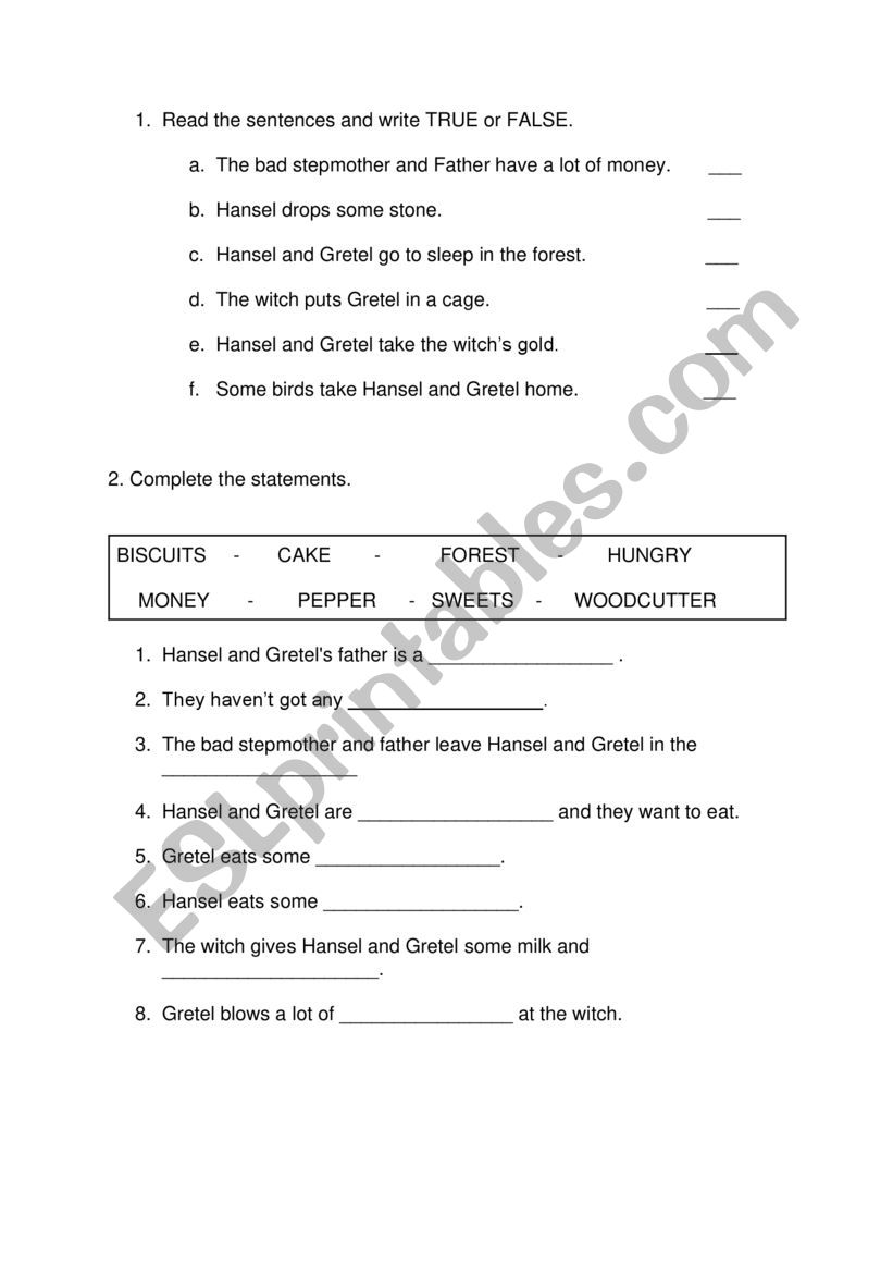 HANSEL and GRETEL comprehension activities