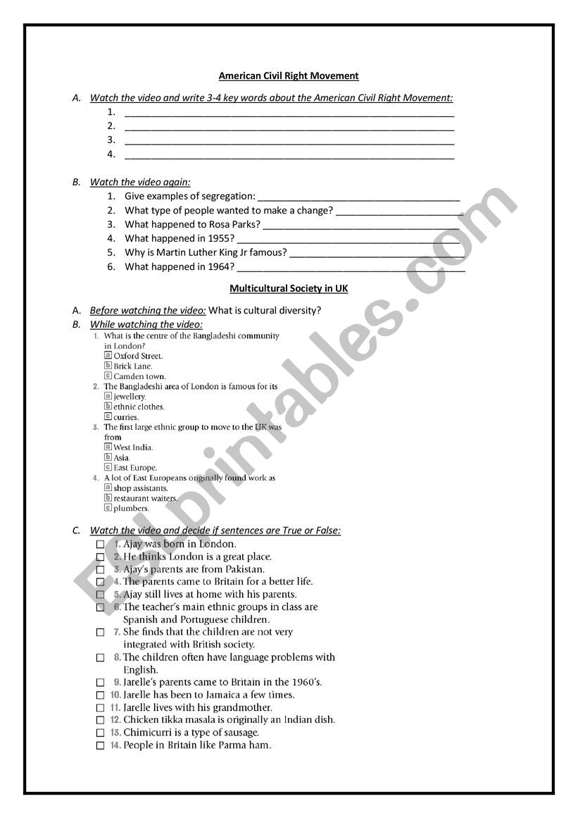 Civil Right Movements Worksheet