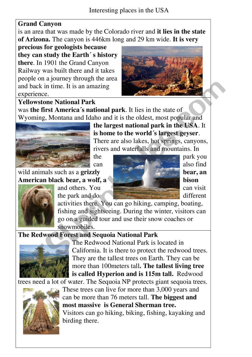Interesting places in the USA worksheet