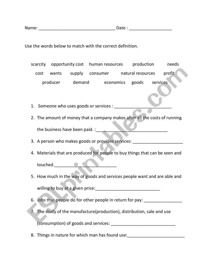economics vocab quiz worksheet