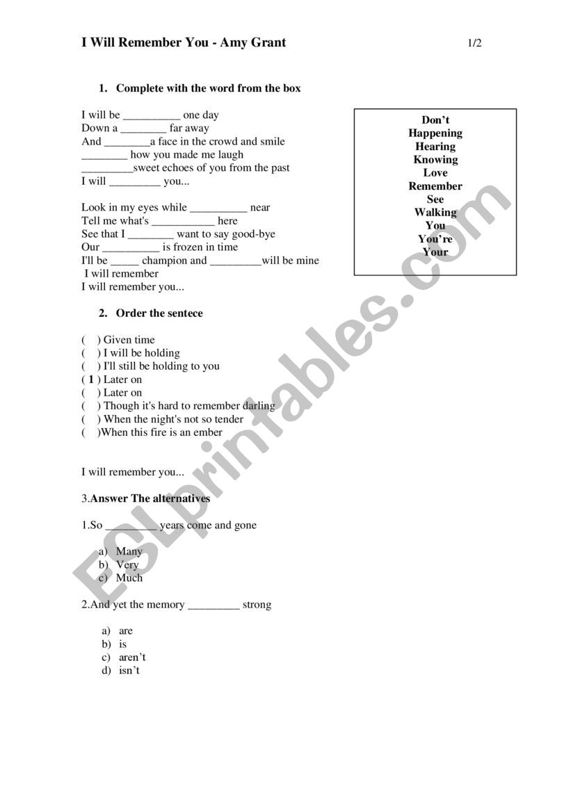 I Will Remember You _ Amy Grant - worksheet