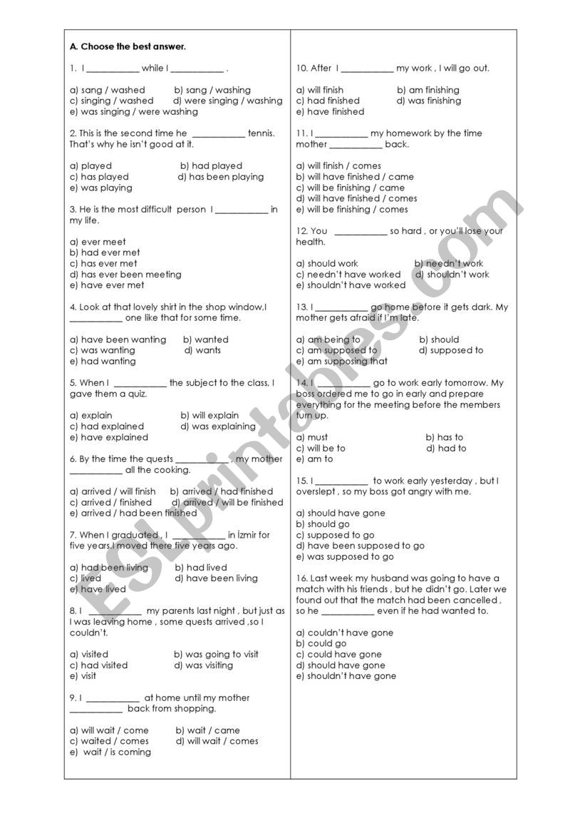 test on grammar worksheet