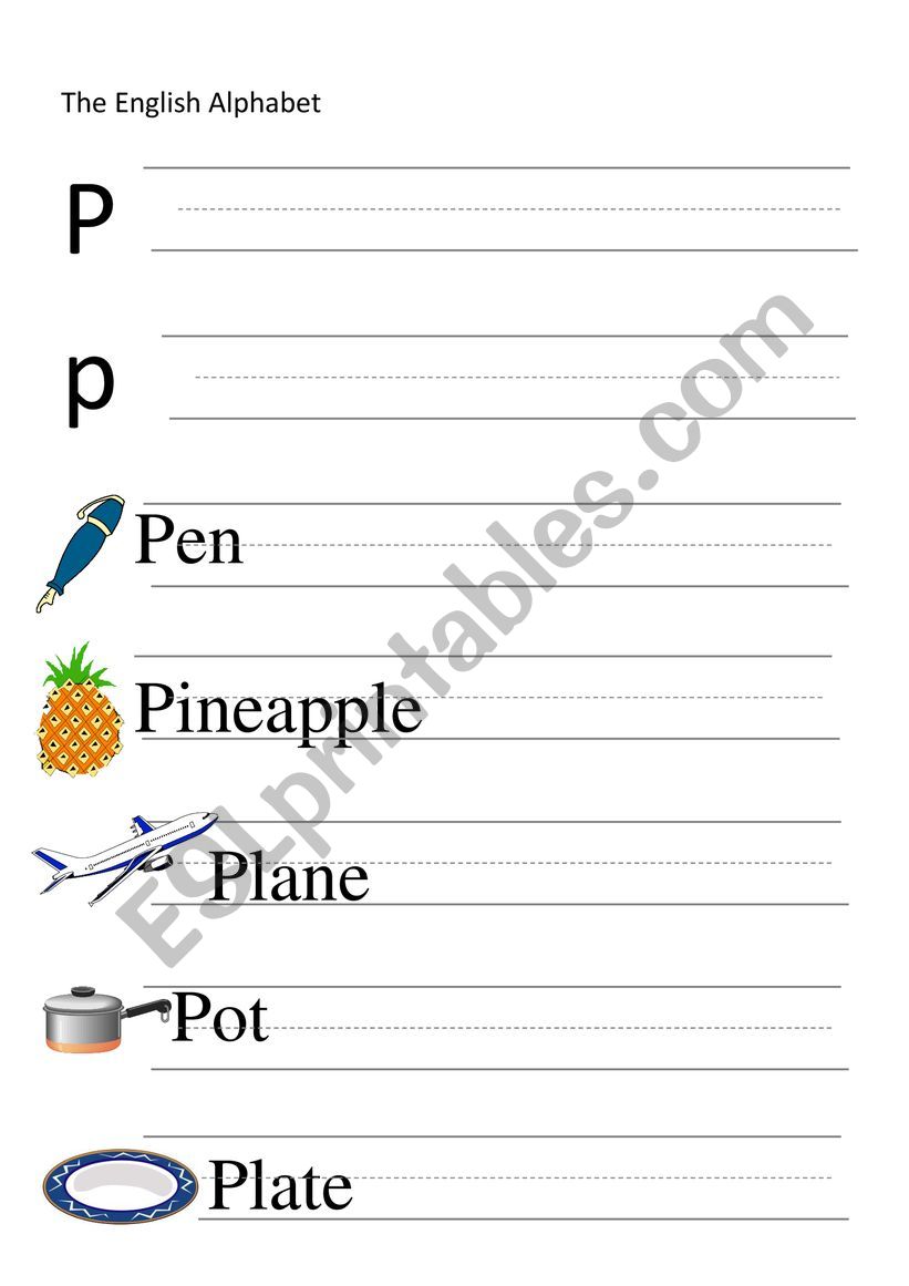 P-letter and words writing worksheet