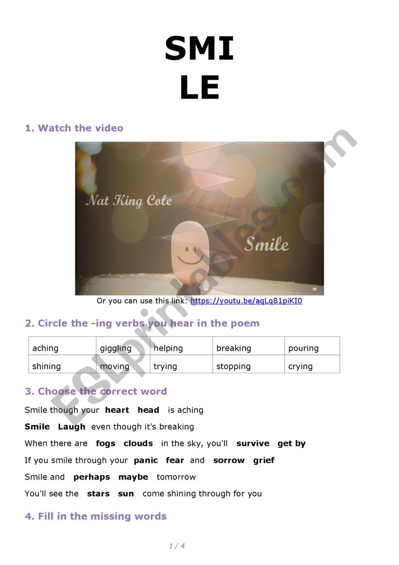 Song smile worksheet worksheet