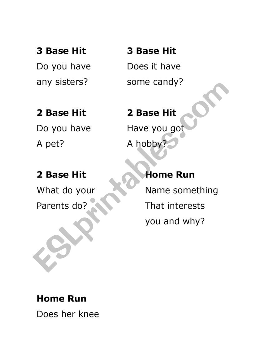 Baseball game  worksheet