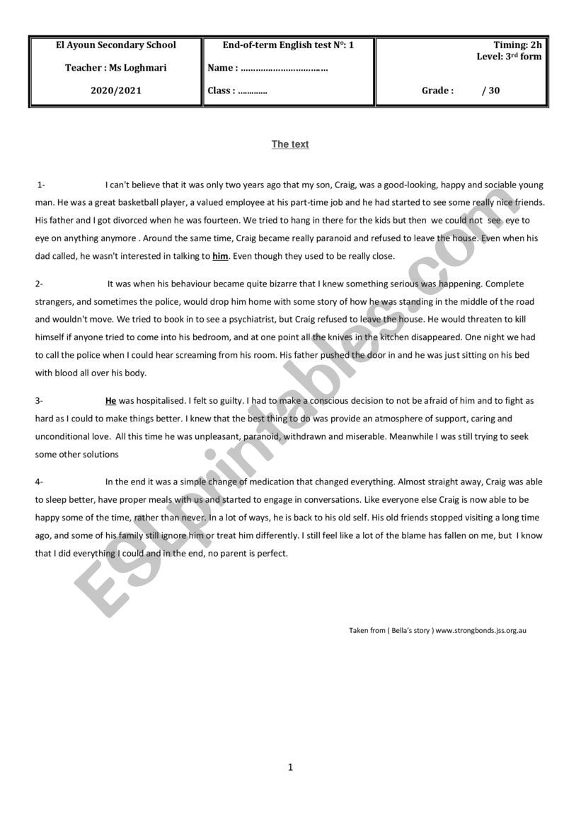 End-of-term English test N°: 1 3rd form - ESL worksheet by HoudaTeacher90