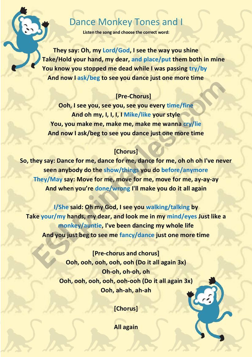 Dance Monkey - Tones and I worksheet