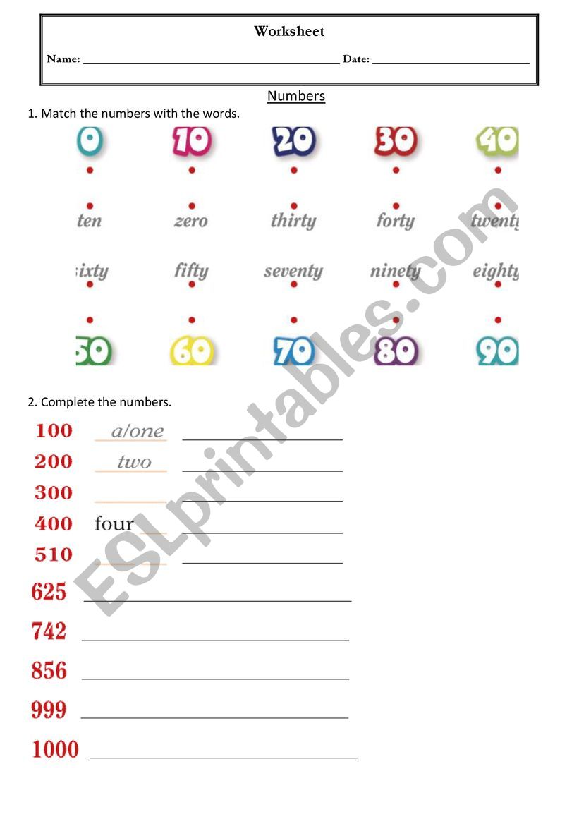 Numbers 1 to 1000 worksheet