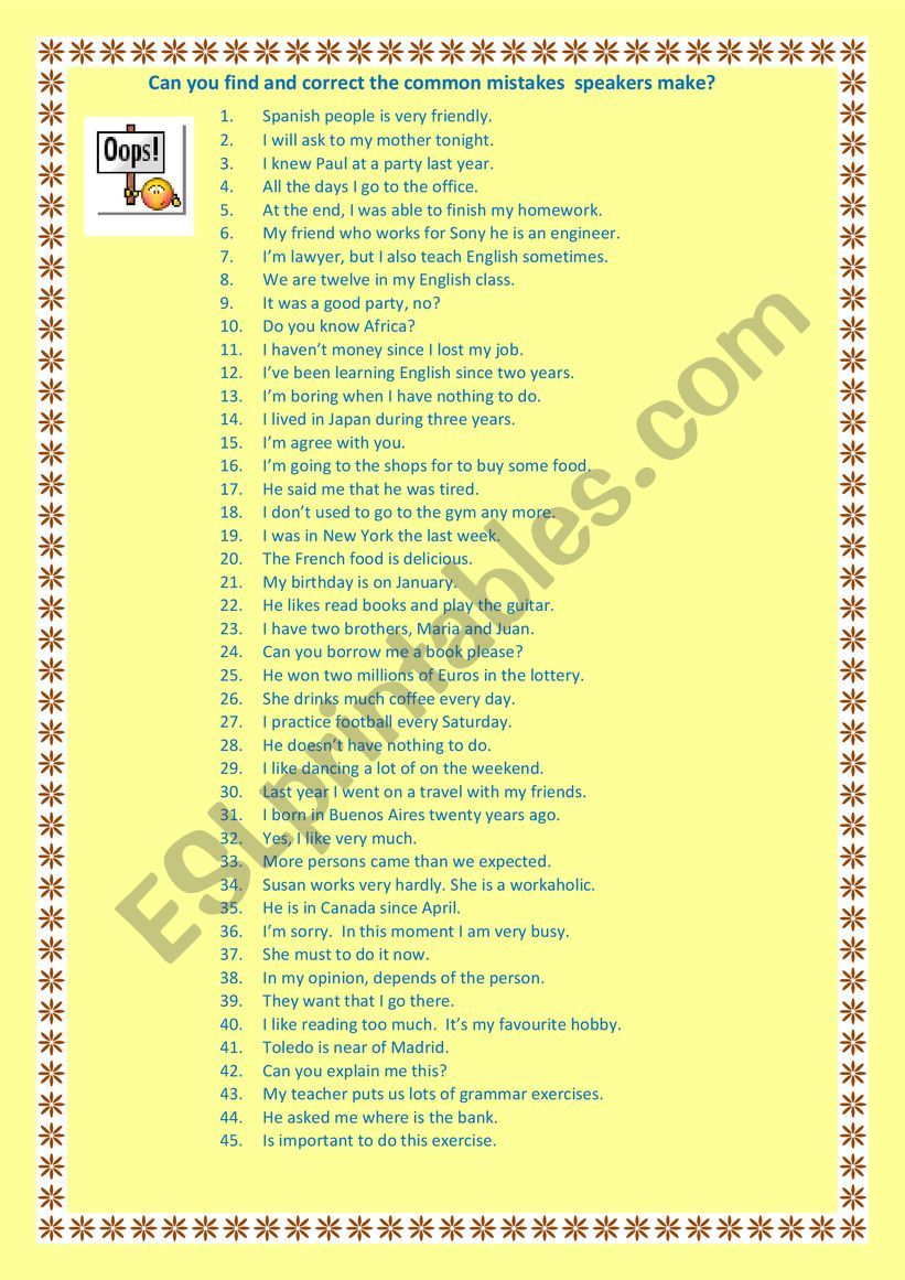 45 common mistakes  worksheet