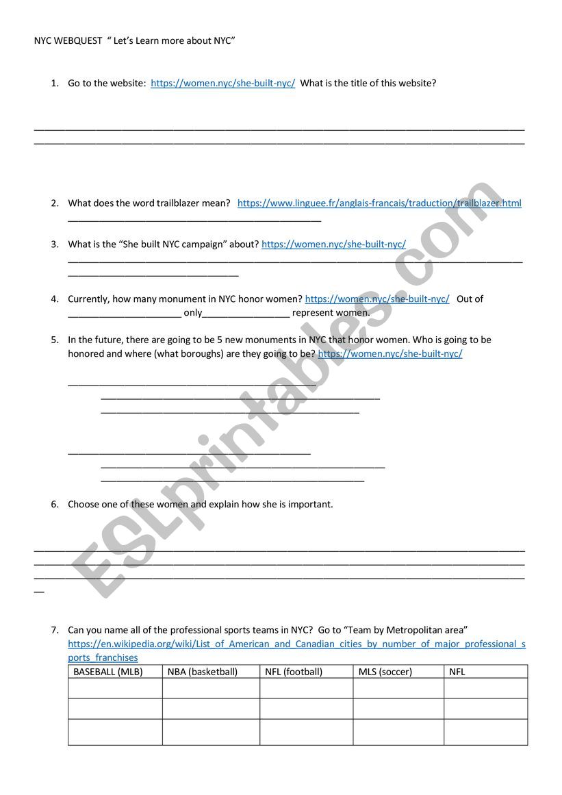 NYC Webquest worksheet