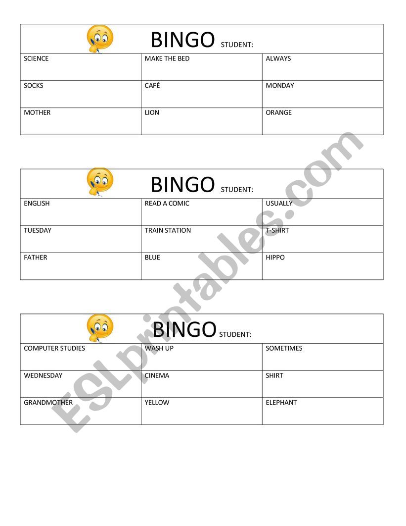Bingo worksheet