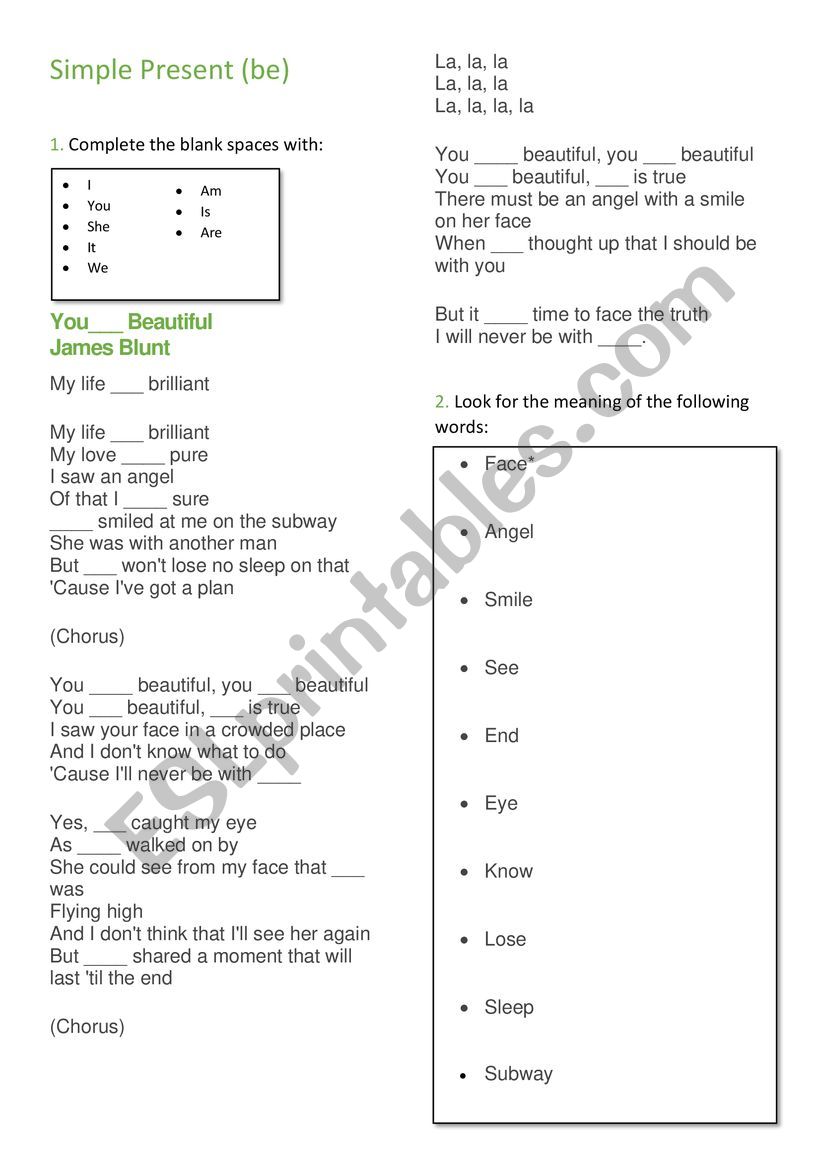 Youre Beatiful activity worksheet