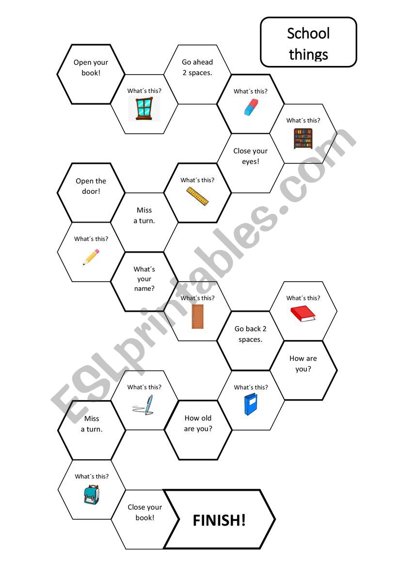 School things board game worksheet