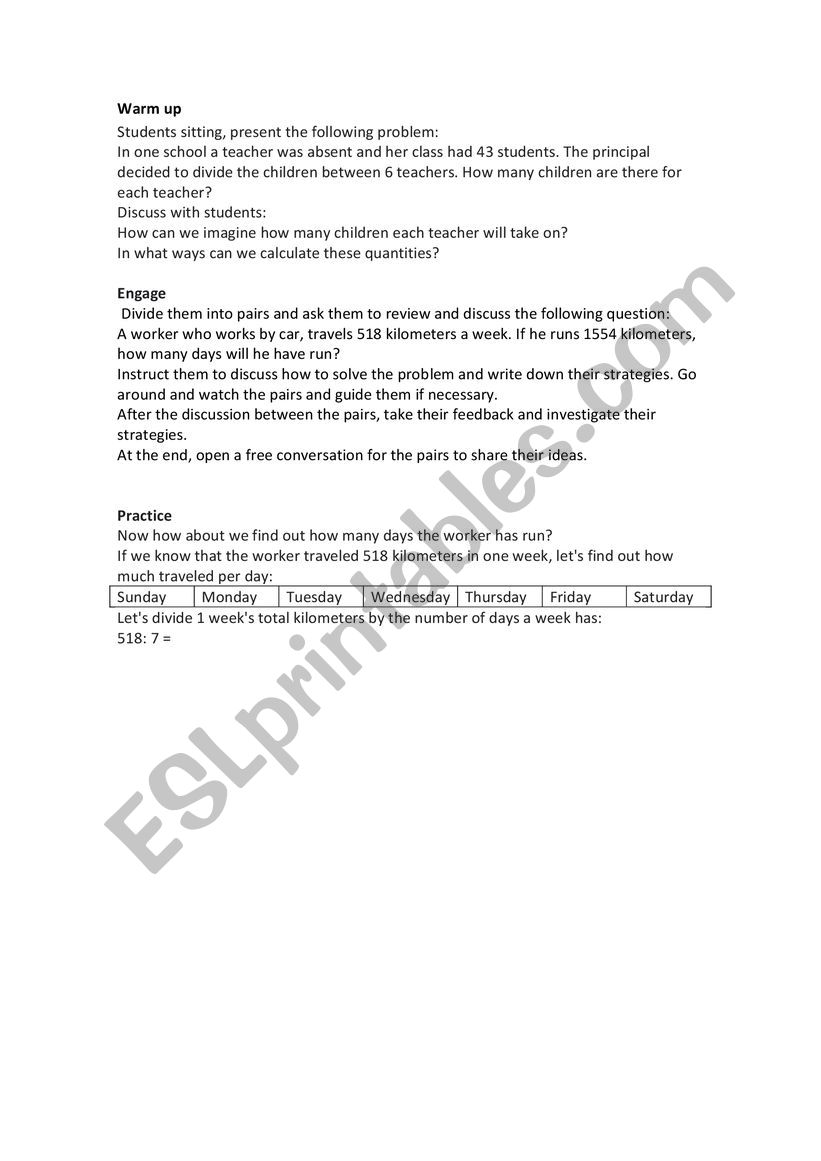 Warm up worksheet