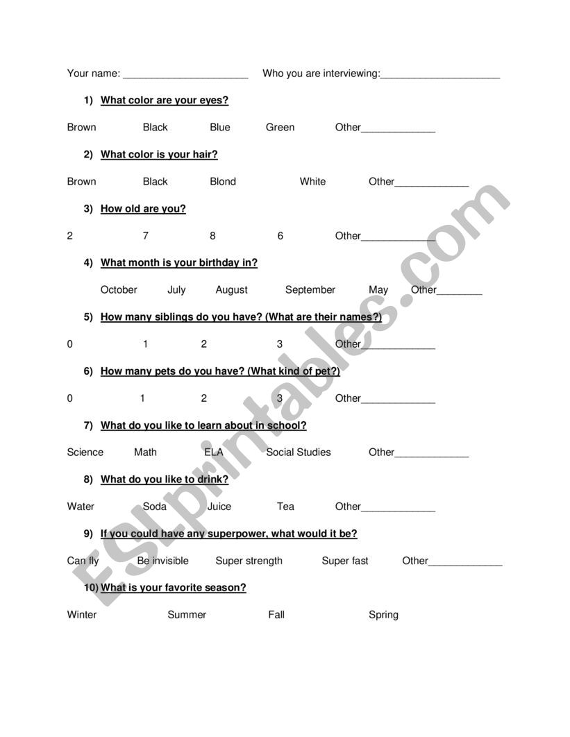 All about me peer interview worksheet