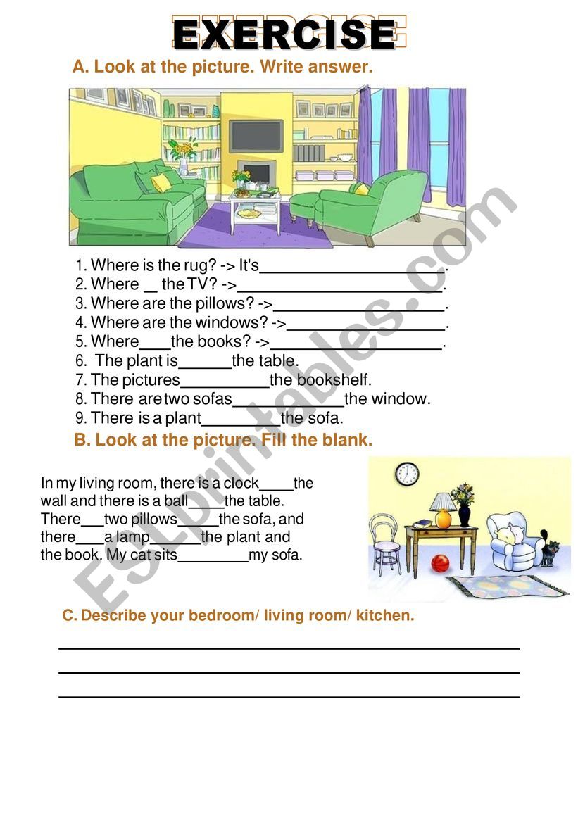 Preposition exercise (Describe position objects in house)