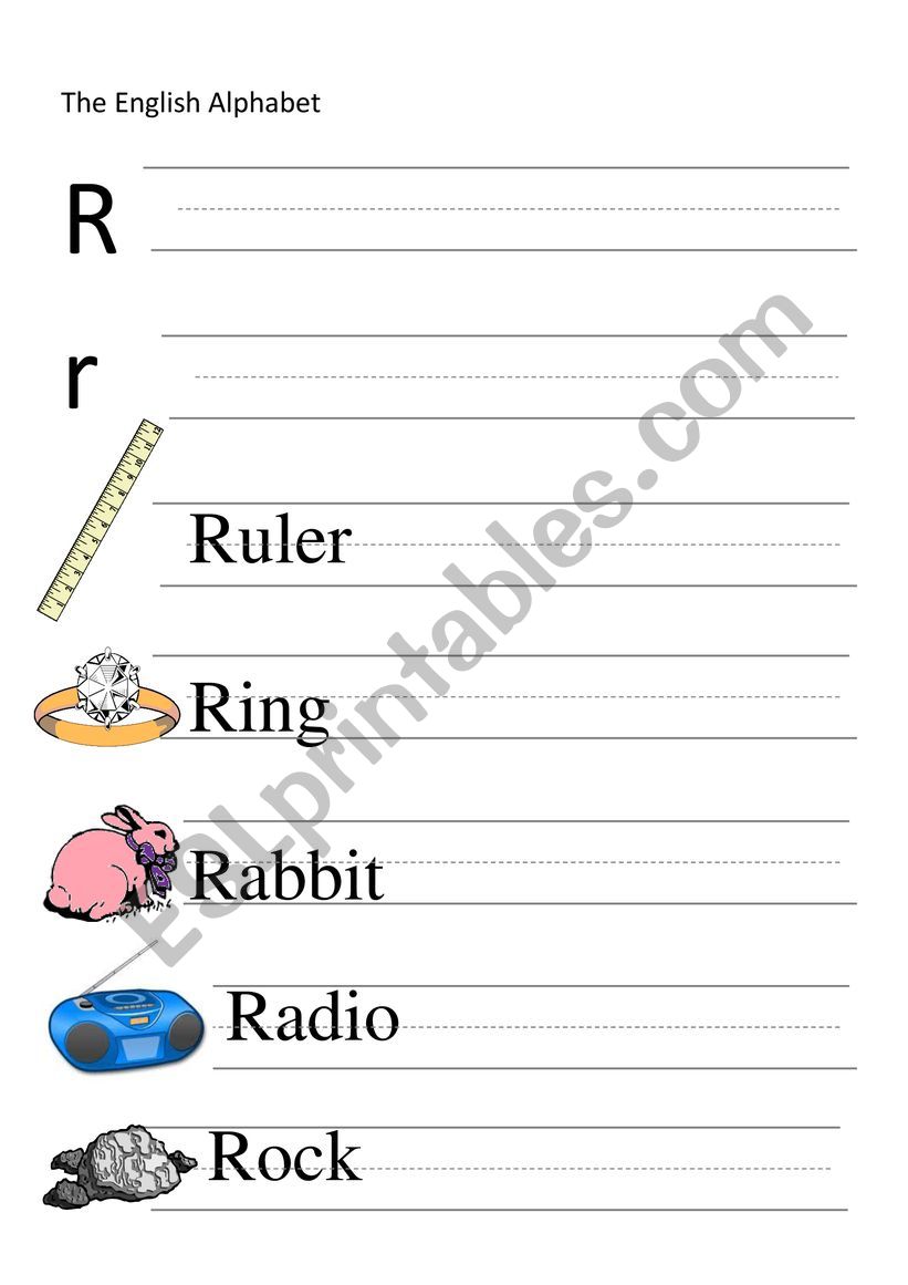 R-letter and words writing worksheet