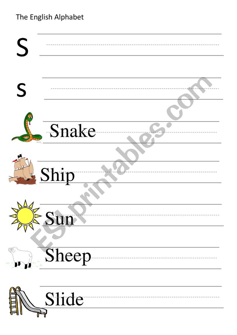 S-letter and words writing worksheet