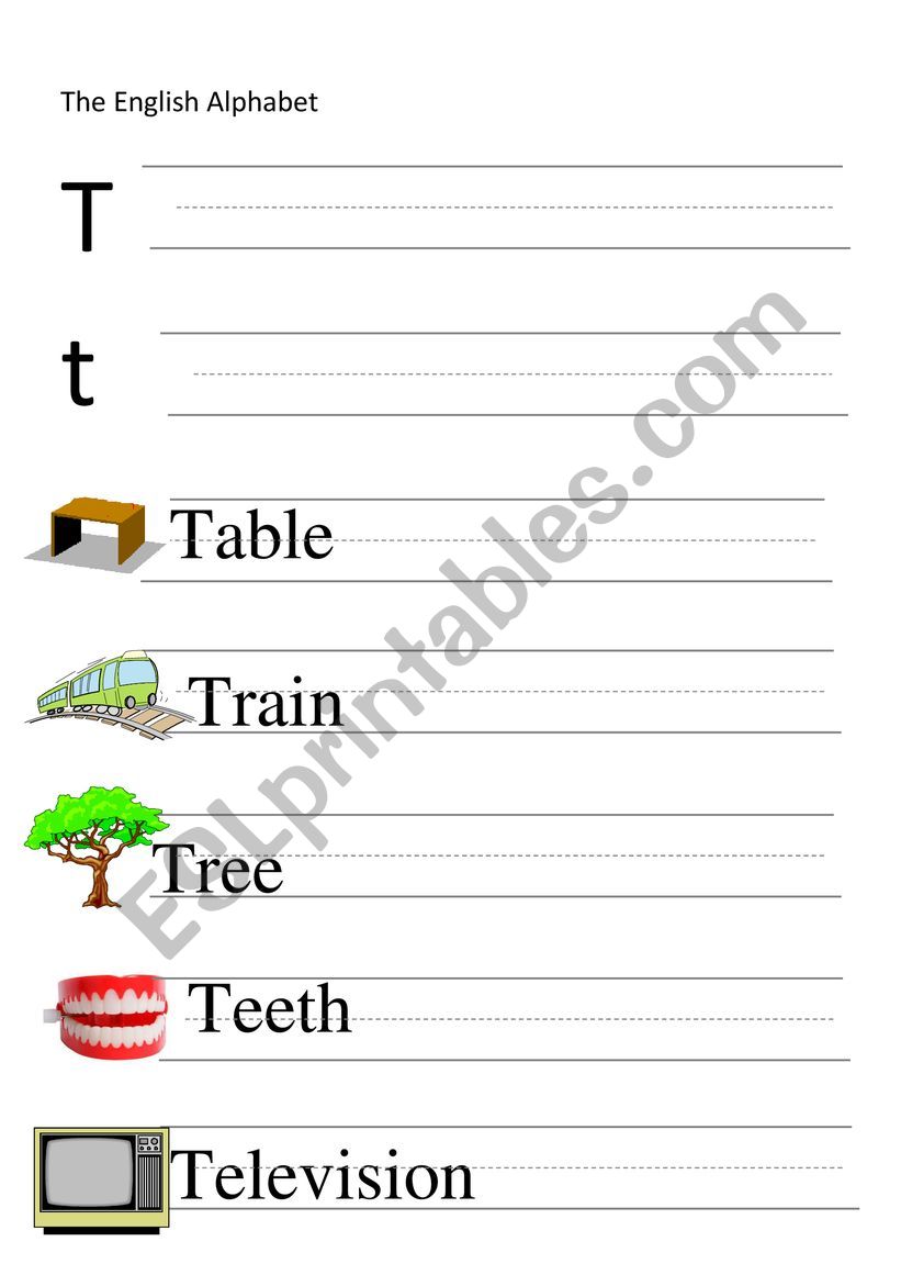 T-letter and words writing worksheet