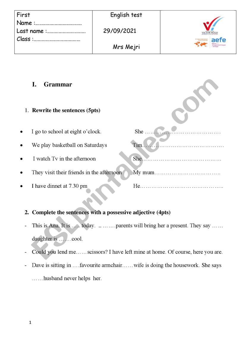 englaish test worksheet